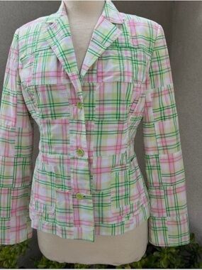 Lilly Pulitzer preppy patchwork blazer pastel green and pink plaid vintage S